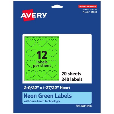 Avery Neon Green Paper Labels, 2-9/32" x 1-27/32" Heart