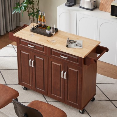 Mobile Kitchen Cart, Rolling Cart With 2 Drawers, 4 Door Storage Cabinets, Kitchen Storage Cart, Island Utility Cart For Kitchen, Dinning Room