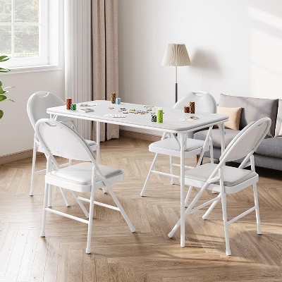 Rectangle Folding Table, Portable Card Table with Metal Frame, PU Leather Upholstered Desk, for Dining Room, Living Room, Office, Camping, Beige