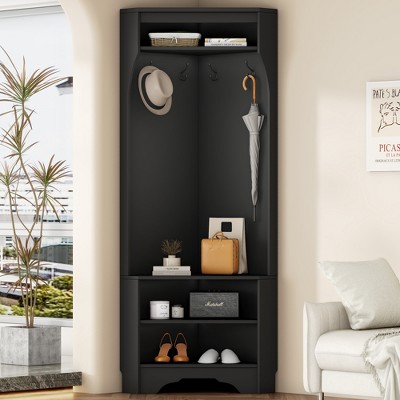 LOVMOR Corner Hall Tree with Shoe Bench, Versatile Entryway Coat Rack w/ 4 Hooks, Corner Cabinet w/ Adjustable Shelf for Hallway, Living Room