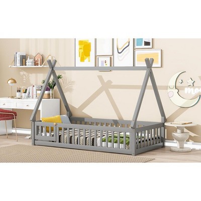 MAYEERTY Twin Tent-shaped Floor Bed with Safety Guardrails Gray