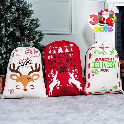 Joyfy 3 Pcs Christmas Canvas Gift Bag, 26" x 19" Drawstring Santa Burlap Sack Large Gift Bags for Christmas Gift Package Party Favors Hoilday Decor