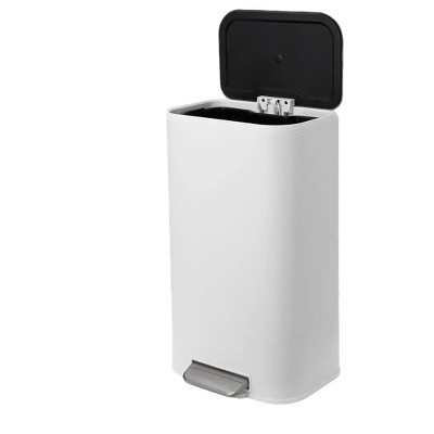 Stainless Steel Trash Can White, Small Trash Bin with Lid, Inner Bucket and Step Pedal, Quiet Soft Close and Stays Open, Garbage Can