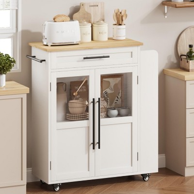 Kitchen Island Cart with Storage, Mobile Rolling Island with Glass Cabinet Doors & Spice Rack, Retro Style Dining Room Furniture, Natural Wood