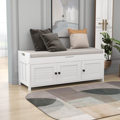 Storage Bench with 3 Shutter-shaped Doors, Removable Cushion and Hidden Storage Space-ModernLuxe