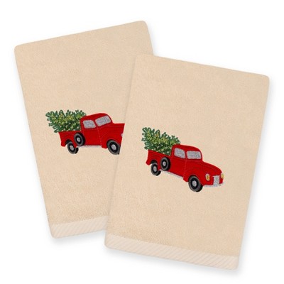 Linum Home Textiles Christmas Truck - Embroidered Luxury 100% Turkish Cotton Hand Towel (Set of 2)