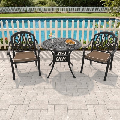 3-Piece Cast Aluminum Outdoor Dining Set with Brown Cushions, Round Table & Stackable Chairs - for Patio, Backyard