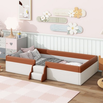 Twin/Full/Queen/King Size Upholstered Daybed Frame with Fence and Stairs, Brown+White 4L - ModernLuxe