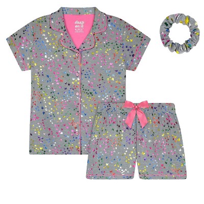 Sleep On It Girls 2-Piece Short-Sleeve Button Down Collared Coat Pajama Set with Matching Scrunchie - Toddler Pajamas to Girls Pajama Sets