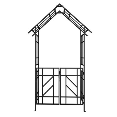 Lirago Black Metal Garden Arch-Galvanized Iron Trellis Rose Arch Outdoor Garden Decor with Gate Design 16.92"Dx97.24"Hx58.07"W