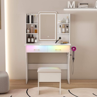 ORRD White Vanity Desk Set with LED Mirror, Storage & Chair