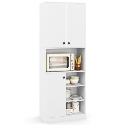 Costway Kitchen Pantry Storage Cabinet 65.5" Tall Modern Hutch Cabinet with Microwave Stand Brown/White