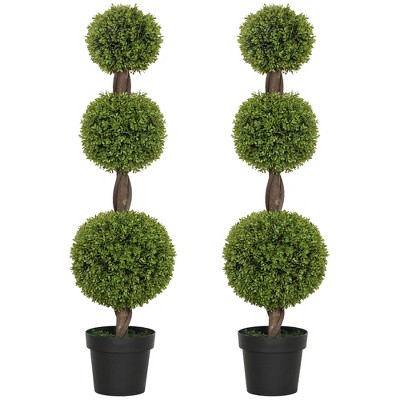 HOMCOM Set of 2 Fake Plants, Artificial Trees in Pots, Ball Boxwood Topiary Tree Green