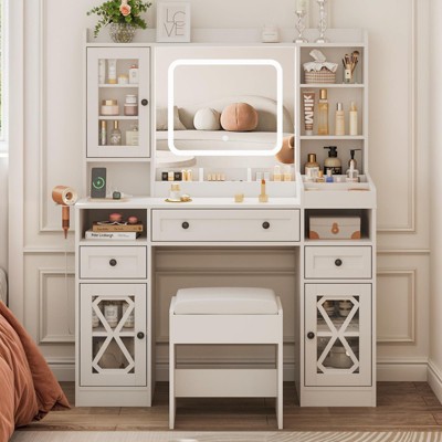 Large Vanity Desk with Mirror and Charging Station, 3 Lighting Modes, White