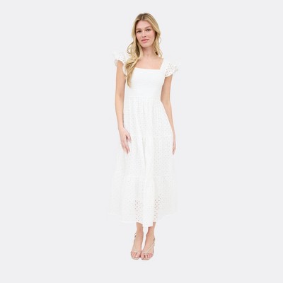 August Sky Women's Eyelet Smocked Tiered Midi Dress