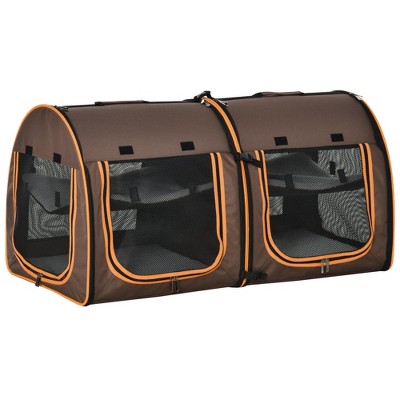 Munora 39" Twin Compartment Portable Cat Cage - Convertible Soft-Sided Pet Carrier with Storage Bag, Brown