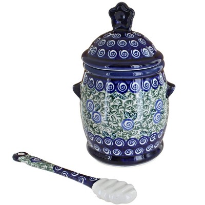 Blue Rose Polish Pottery 1848-1849 Zaklady Honey Pot & Dipper