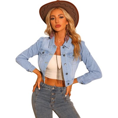 INSPIRE CHIC Women's Basic Puff Sleeve Washed Lightweight Cropped Denim Jacket