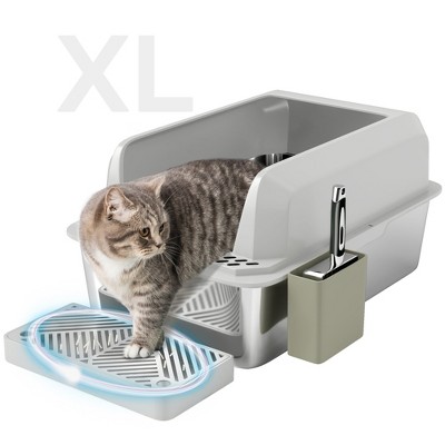 PawHut Stainless Steel Litter Box, Metal Litter Box High Sided, Anti-Urine Leakage, Non-Sticky, with Metal Scoop & Scoop Holder, 24" x 16" x 11"
