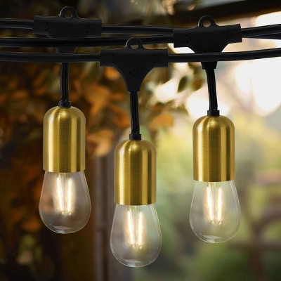 Brightech 15-Bulb LED Glow Antique Brass 2W 48ft 2700K S14 Indoor Outdoor Plug-in Hanging String Lights Clear Bulb Black Wire