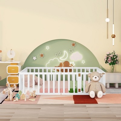 CAVINAS Twin/Full/Queen Size Kids Montessori Bed with Door,Versatile Floor Bed with Fence  for Bedroom Playroom,Walnut/White/Gray/Brown