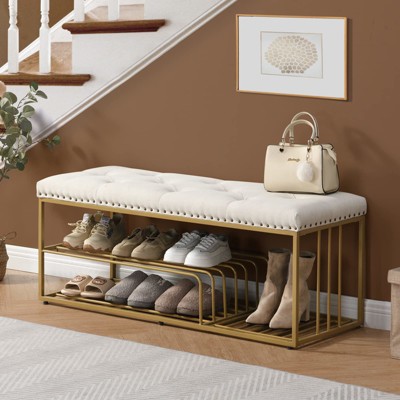 Aoibox Linen Storage Bench with Tufted Seat, Gold Metal Frame Ottoman for Entryway, Bedroom, Living Room, Beige