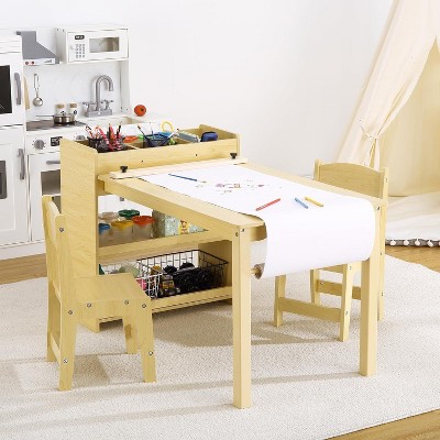 Kids Art Table with 2 Chairs, Toddler Craft Play Wood Activity Desk with Large Storage Shelves for Writing Drawing
