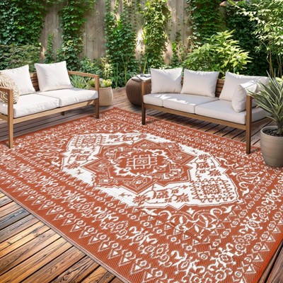Outdoor Patio Rug Waterproof Reversible Carpet Vintage Boho Medallion Rug Plastic Straw Rug