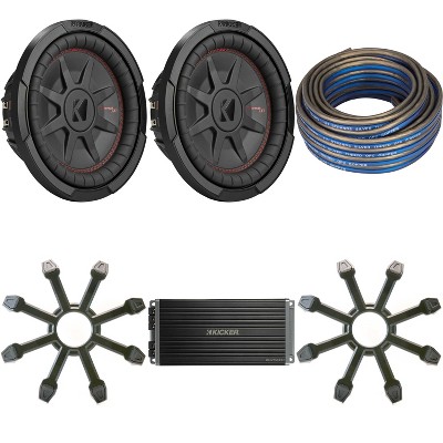 Kicker (2) 48CWRT102 CompRT 10" Subwoofer, DVC, 2-ohm w/ 47Key5001 Amp & Speaker Wire, Grill Bundle