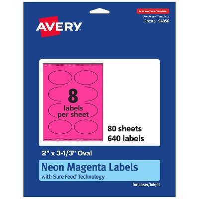 Avery Neon Magenta Paper Labels, 2" x 3-1/3" Oval