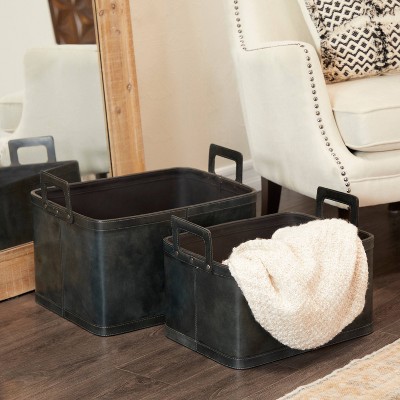 Set of 2 Storage Baskets Dark Brown - Olivia & May: Leather Decorative Baskets for Shelves, Large Oval Design