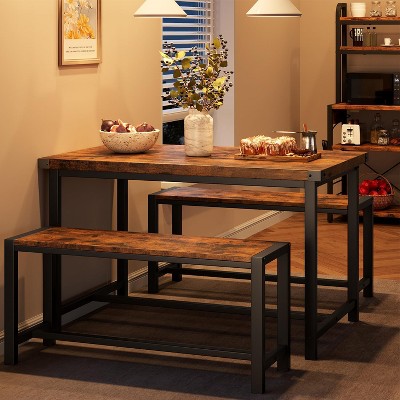 Dining Table Set for 4 with 2 Benches, Kitchen Table Set for 4-6 with Corner Protector