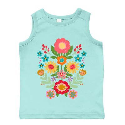 The Juniper Shop Folk Art Florals Distressed Toddler Tank - 5/6T - Seafoam