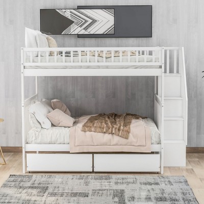 PAGED Full over Full Size Bunk Bed Modern Simple Pine Bed Frame with Storage Drawers, Guardrail and Storage Stairs for Bedroom