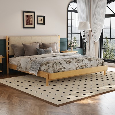 Merax Mid-Century Rubberwood Platform Bed Frame with Faux Leather Strap Headboard