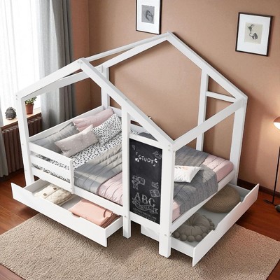 Full Size House Bed with Blackboard and Storage Drawers, Platform Bed with Rails and 2-Way Assembly, White Wood Frame