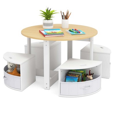 Costway 5 Piece Kids Play Table and Chairs Set Round Nesting Table Toddler Furniture Gray/Natural