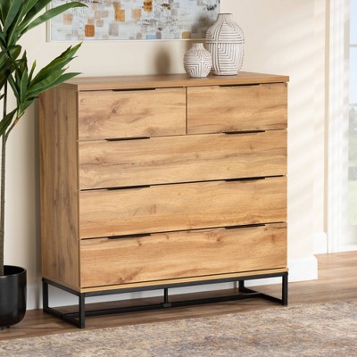 Baxton Studio Franklin Wood and Metal 5 Drawer Bedroom Chest Oak/Black: Vertical Storage, Modern Design