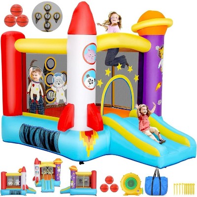 HOMDOX 8.9 ft x 6.9 ft Inflatable Bounce House for Kids, Outdoor Indoor Bouncy House with 370W Blower, Slide & Pitching Net & Astronaut Photo Backdrop