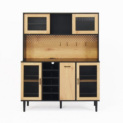 VANIRROR 59" Farmhouse Buffet Sideboard Cabinet with Door, Coffee Bar Cabinet with Bottle Rack, Kitchen Pantry for Living Room, Black &Naturala