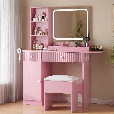 Vanity Desk with Mirror & Lights, Makeup Table with Drawers, Cabinet & Storage Stool, Dressing Table for Bedroom, White