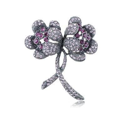 Anna-Kaci Womens Silvery Tone Violet Purple Colored Rhinestones Floral Two Flower Fashion Brooch Pin - Multicolor