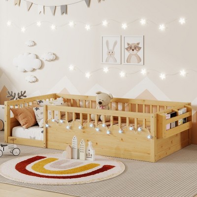 APRILSOUL78.50" Twin Montessori Floor Bed Frame with High Rails, Wood Kids Floor Beds with Light and Storage Shelf