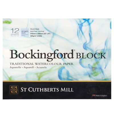 St Cuthberts Bockingford Watercolor Block, Cold Pressed, White, 140lb/300gsm, 12 Sheet, 9x12 inch, 1 Count
