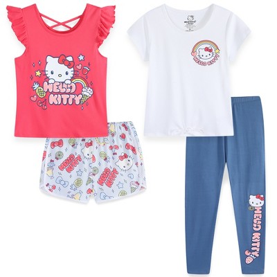Hello Kitty Sanrio Girls Mix and Match 4 Piece Outfit Set with 2 Tops, Leggings and Shorts for Big Kids