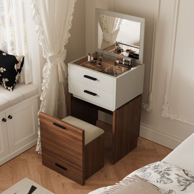 Luck Live vanities 19.68in W Small dressing table set, with flip mirror white and walnut integrated dressing table,dresser for bedroom