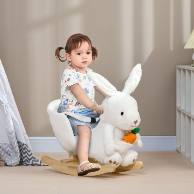 Whisen Toddler Plush Rabbit Rocking Horse with Carrot Toy, Sounds, Safety Belt, Foot Pedals, Riding Rocker Toy Gift for 18-36 months - White