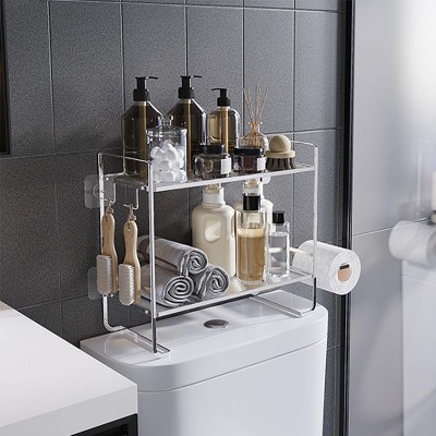2-Tier Over The Toilet Storage Shelf, with Paper Holder and 2 Hooks, Metal Bathroom Storage, Bathroom Accessories Decor