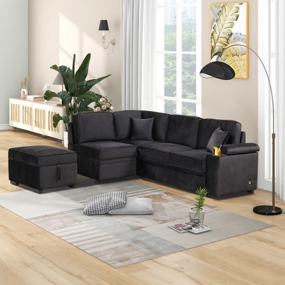 87.4" L Shape Sectional Sleeper Sofa Bed, 2 in 1 Pull Out Sofa Couch with Storage Ottoman, Cup Holder and USB Port-ModernLuxe