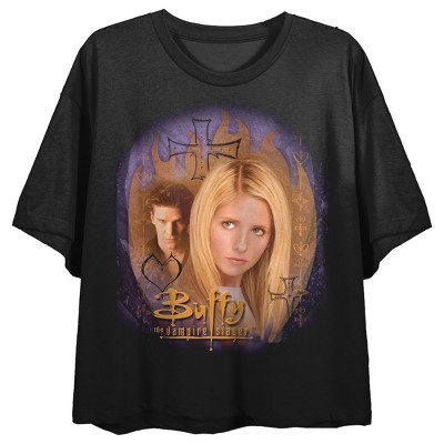 Buffy The Vampire Slayer Buffy & Angel Art Crew Neck Short Sleeve Crew Neck Women's Black Crop Top